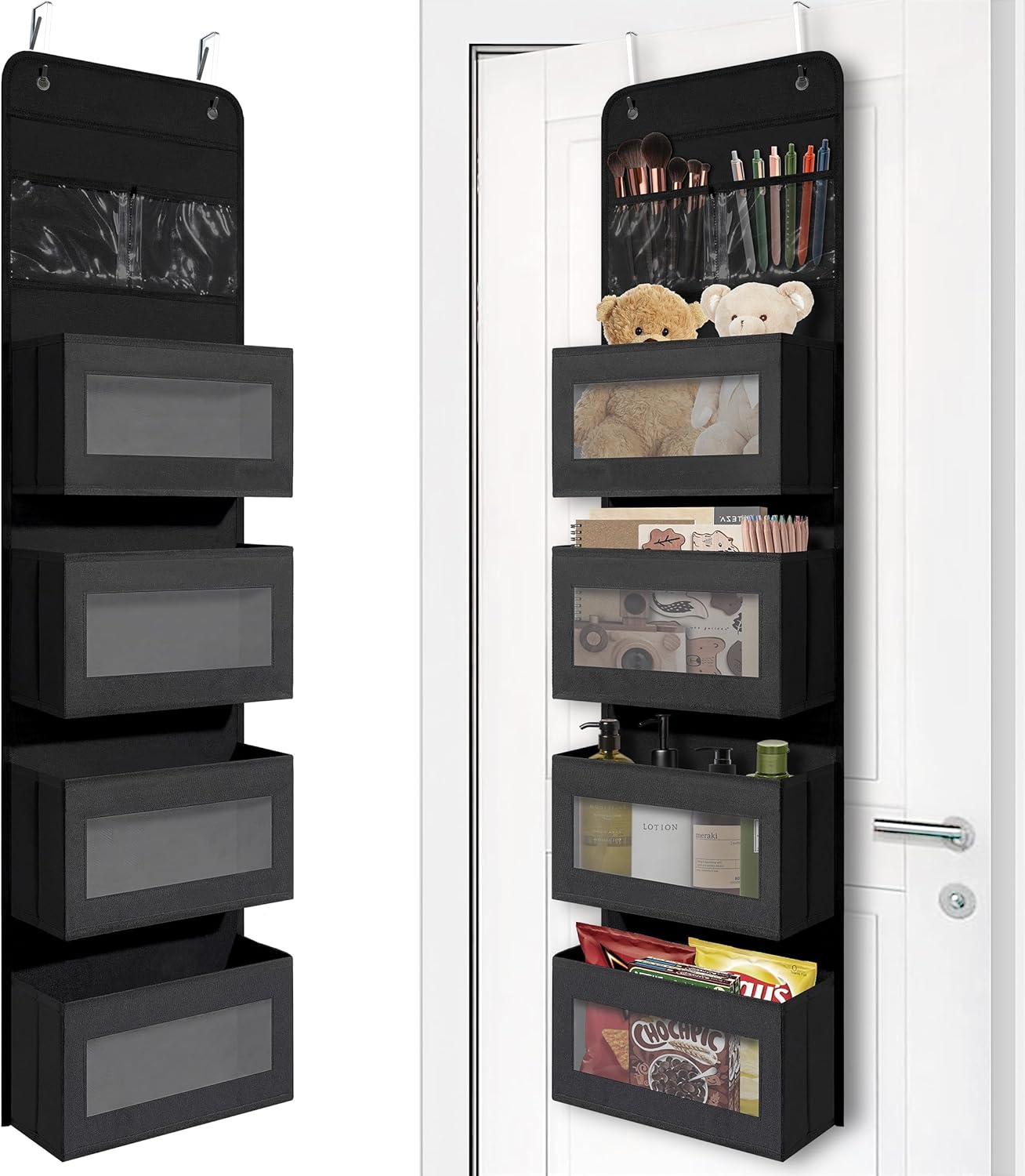 Black classic 4-pocket over-door organizer for dorm storage