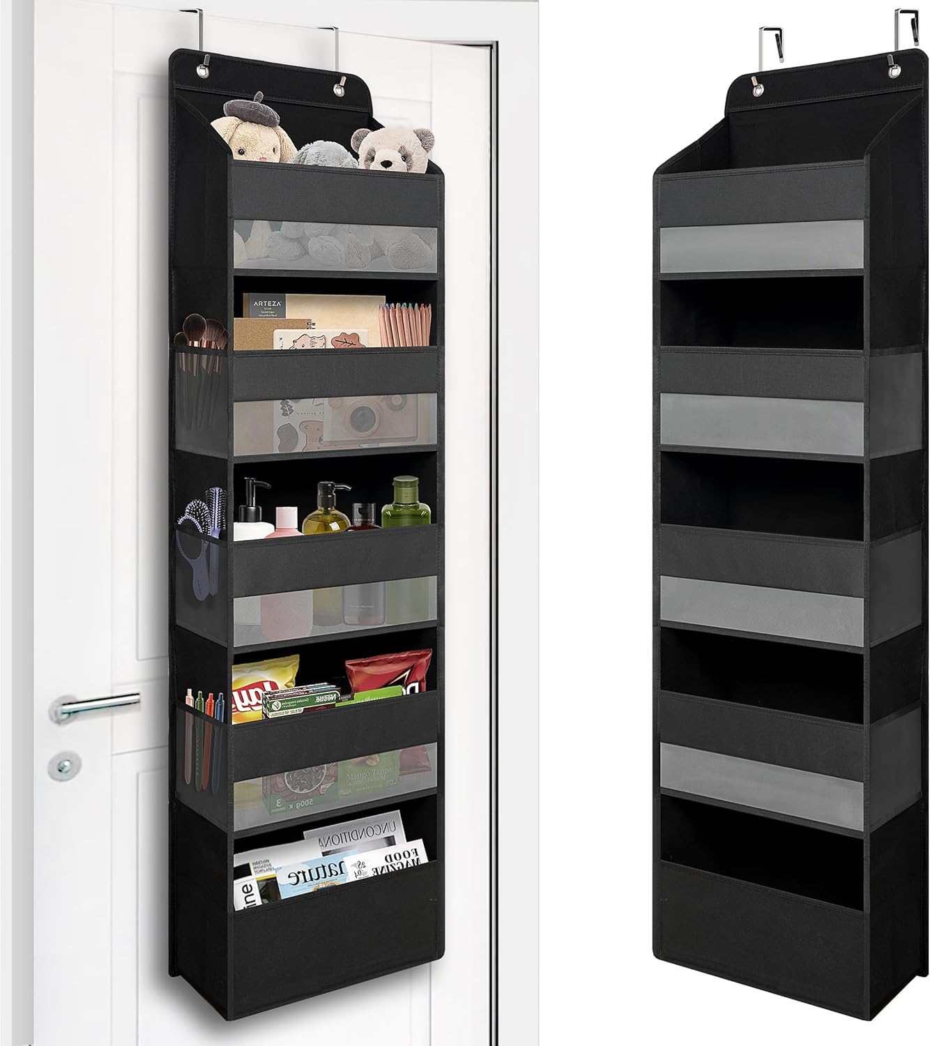 Black 5-pocket over-door organizer with side mesh pockets hanging on a door